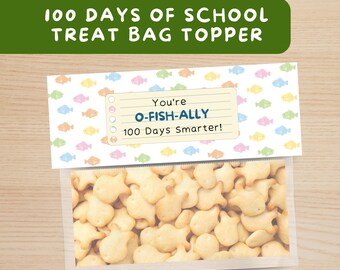 100 Tage Schule Leckerli Bag Topper, 100.Tag der Schule, Printable Geschenkanhänger Snack, Goldfisch Party Klassenzimmer Mitbringsel