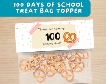 100 Tage Schule Leckerli Beutel Topper, 100.Tag der Schule, Printable Geschenkanhänger Snack, Brezel Party Klassenzimmer Mitbringsel