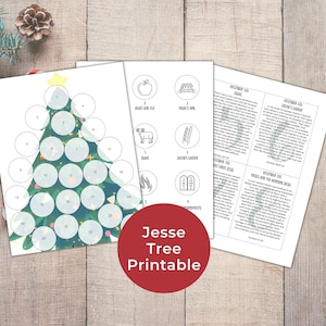 May include: A printable Jesse Tree Christmas activity with a colorful illustration of a Christmas tree with 25 numbered circles. The circles are for placing ornaments representing different Bible stories. The ornaments include a red apple, a wooden ark, a ram, a ladder, a burning bush, and the Ten Commandments. The text "Jesse Tree Printable" is in a red circle below the tree.