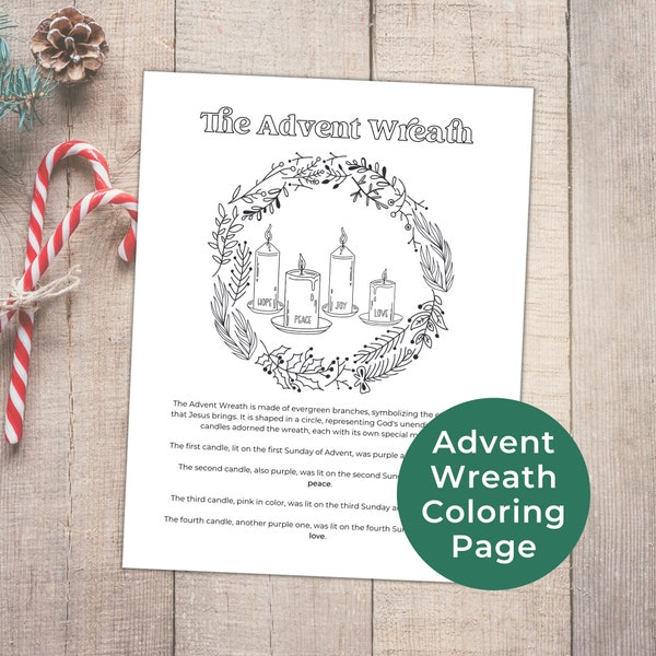 Advent Wreath Kids Printable, Holiday Advent Coloring Page For Kids, Sunday School, Catholic Christian Religious Christmas Activity