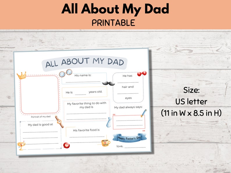 All About My Dad Printable, Father's Day Card Gift, Gift for Dad, Dad ...