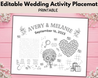 Tapete de actividades para niños de boda imprimible, boda de mesa para niños editable, actividad de boda para niños, páginas de boda personalizadas de bricolaje