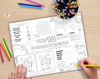 Ten Commandments Activity Sheet, Printable Puzzle, Kids Preschool Sunday School Craft, Moses, Bible Lesson Coloring Pages, Christian