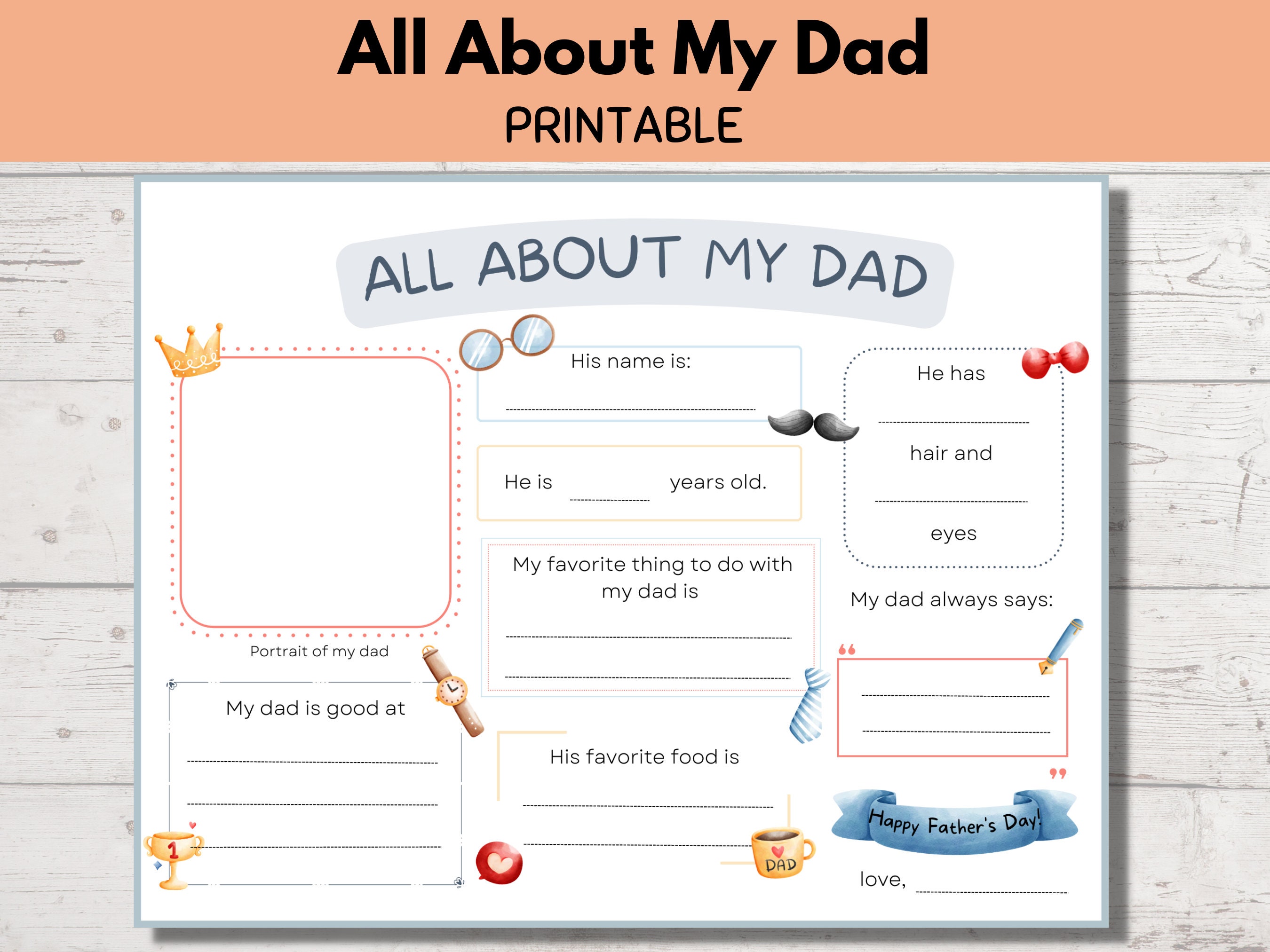 All About My Dad Printable, Father's Day Card Gift, Gift for Dad, Dad ...