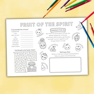 聖霊の実アクティビティプレースマット、子供向け聖書印刷物、日曜学校レッスンクラフト、日曜学校クラフト、キリスト教アクティビティシート