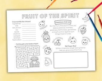 Frucht des Geistes Aktivitäts-Tischset, Kinderbibel zum Ausdrucken, Sonntagsschulunterricht Handwerk, Sonntagsschulhandwerk, christliches Aktivitätsblatt