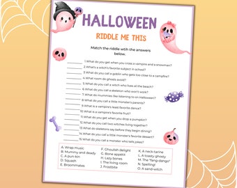 May include: A printable Halloween-themed riddle game with a pink and white ghost illustration. The game includes 15 riddles with answers to match. The answers include words like "frostbite", "ghoulish delight", "mummy and deady", and "a neck-tarine".