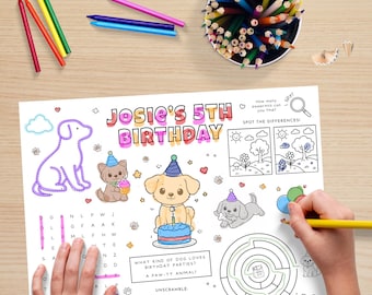 Geburtstagsaktivitätsseite für Kinder, Welpen-Themenparty, Platzset, Pawty Malspiele, Hundeliebhaber