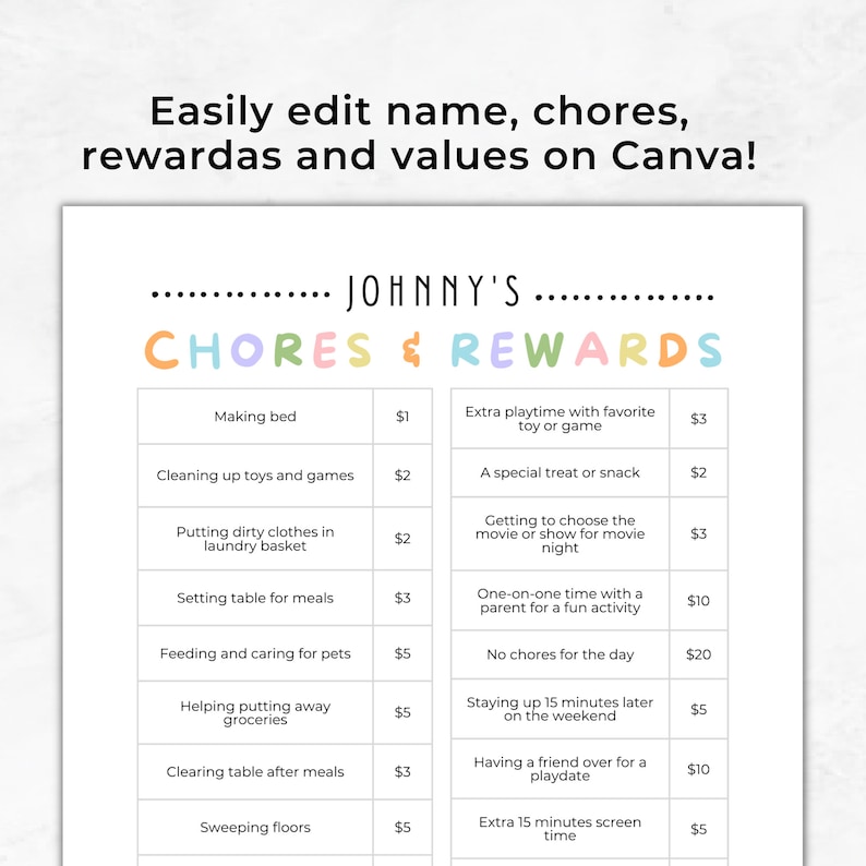 Chore Chart for Kids Earn Money, Editable Chore Planner List, Pretend Money Printable, Play ...