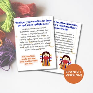 Etiquetas e cartões imprimíveis Worry Doll para crianças, ideias para presentes de alívio da ansiedade, bem-estar mental, saúde infantil, Guatemala Muneca Quitapenas Espanhol