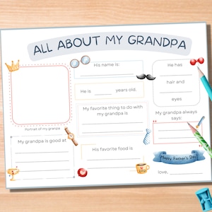 Alles over mijn opa afdrukbaar, vul de lege Vaderdagkaart in, cadeau voor opa, opa-interview, vragenlijst, aandenken