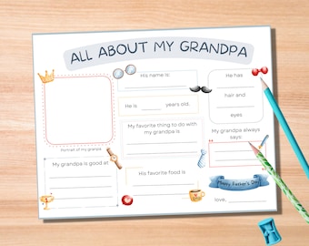 Tout sur mon grand-père imprimable, remplissez la carte de fête des pères vierge, cadeau pour grand-père, entrevue grand-père, questionnaire, souvenir