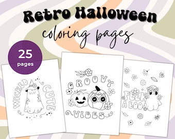 レトロなハロウィーンの塗り絵、子供向けのクールなハロウィーンの印刷物、デジタル塗り絵、快適なレトロなハロウィーン、子供向けのハロウィーンアクティビティ