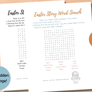 Easter Story Word Search with Hidden Message, Bible Word Search Puzzle, Answer Key, Sunday School Activity For Kids, Fun Spring Games