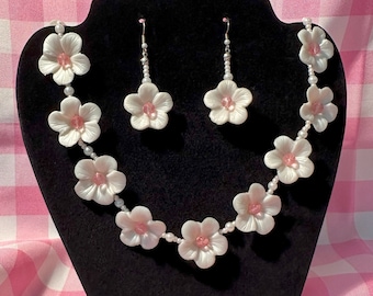 Handmade White and Pink Flower Necklace & Earrings Set. Polymer Clay Floral Necklace for Movie Costume or Cosplay.