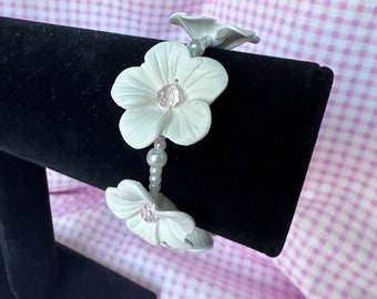 Handmade White and Pink Flower Matching Bracelet. Polymer Clay Floral Bracelet for Doll Movie Costume or Cosplay.
