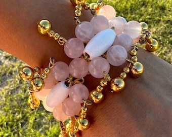Handmade White, Pink and Gold Dangle Bracelet. Rose Quartz bracelet for Doll Movie Costume or Cosplay.