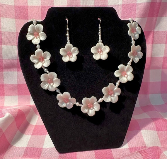 Handmade White and Pink Flower Necklace & Earrings Set. Polymer Clay Floral Necklace for Movie Costume or Cosplay.