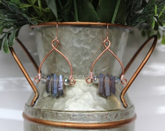 Copper and quartz crystal earrings, dangle earrings, rustic earrings, boho earrings, chandelier earrings, primitive earrings, gift for her.