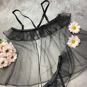 Black transparent lingerie with ruche | Lingerie see through | Seductive raiment | Intimate apparel | Coquette sleepwear