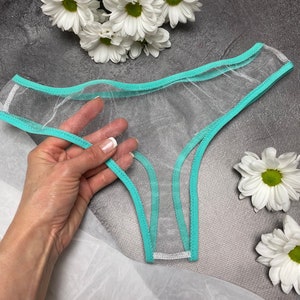 White Transparent Panties With Mint Trim | White See Through Lingerie