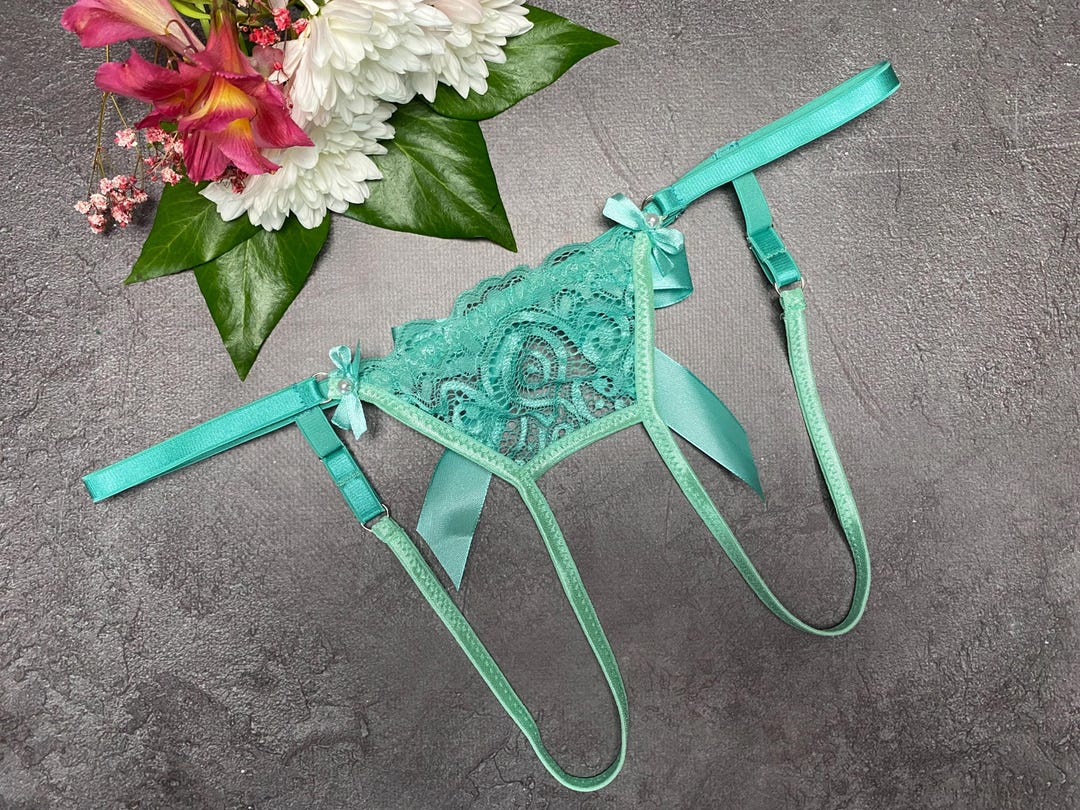 Mint Crotchless Panties With Bow | Lace Open Back Panty | Open Panties