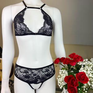 Black lingerie set - Custom fit lace bralette and open panties with mesh back | Lingerie see through | Luxury underwear | Sexy intimates