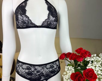 Black lingerie set - Custom fit lace bralette and open panties with mesh back | Lingerie see through | Luxury underwear | Sexy intimates