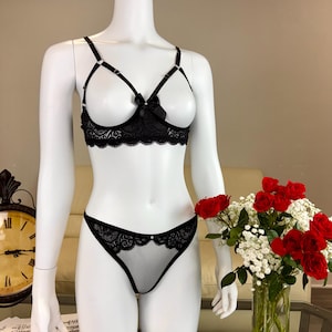Black lingerie set - Custom made to measure open nipple bra and sheer panties | Lace lingerie set | Strappy lingerie | Eloquent intimates