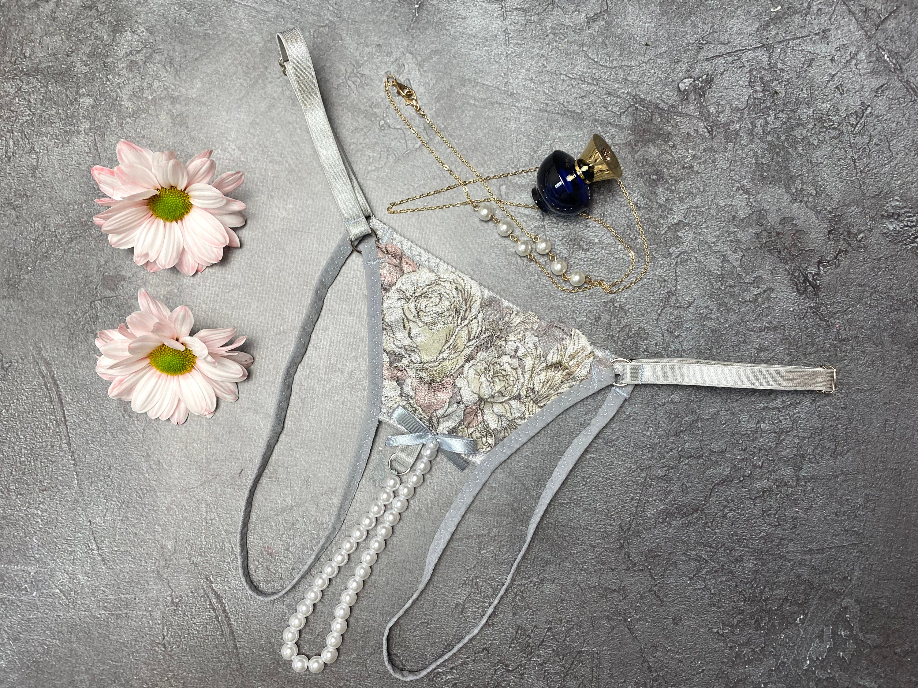 Lace Open Back Panty | Lace Crotchless Panties | Pearled Crotch Panties
