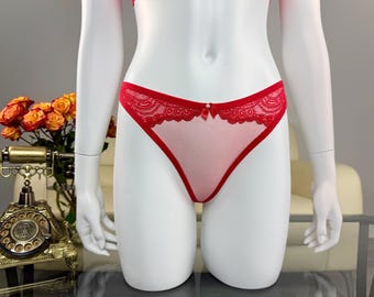 Red see through panties with lace elements | Custom fit lingerie | Mesh sheer thong | Sexy plus size lingerie | Transparent thong panty