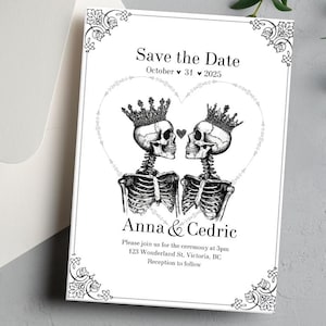 Convite de casamento gótico com design de caveira, cartão editável para impressão, modelo romântico escuro, download instantâneo de esqueleto de caveira com bruxaria