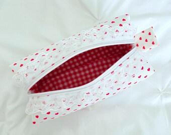 Red heart makeup/cosmetic bag with lace trim and red gingham lining