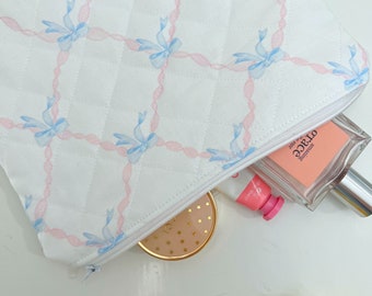 Quilted pink and blue bow coquette small makeup/cosmetic pouch with white lining