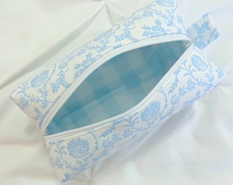 Light blue chinoiserie makeup/cosmetic bag with blue gingham lining, toile makeup bag