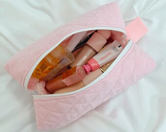 Trousse de maquillage/cosmétique matelassée rose avec doublure en vichy rose