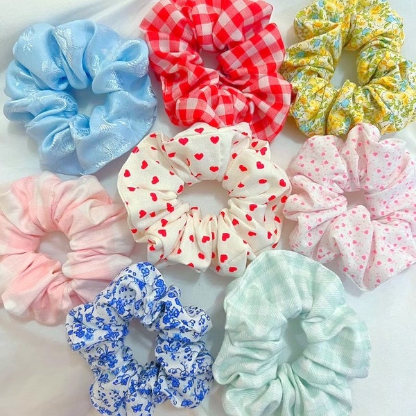 Assorted scrunchie hair ties, pink scrunchie, heart scrunchie, floral hair tie, floral scrunchie, silk scrunchie, Pink scrunchie