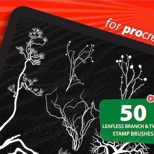 May include: Digital art brushes for Procreate. The image shows a tablet displaying white line art of leafless branches and twigs on a black background. A white stylus is on the left. The text reads "for procreate" and "50 LEAFLESS BRANCH & TWIGS STAMP BRUSHES".