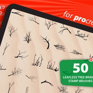 May include: A digital illustration of 50 leafless tree branch stamp brushes for Procreate. The brushes are displayed on a beige background with a green rectangle that says "50 Leafless Tree Branch Stamp Brushes".