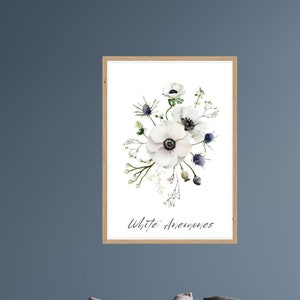 Weißer Anemone Blumenstrauß Botanischer Wand Kunstdruck