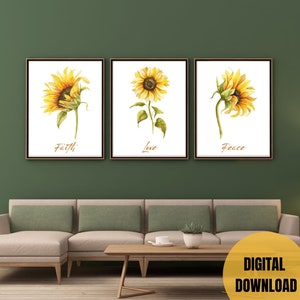 Inspirational Sunflower Botanical Wall Art Prints, Faith, Love, Peace 3 set