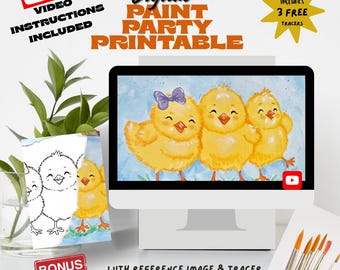 Spring Chick Painting Tracer with Video Tutorial | Beginner Acrylic Painting Download | Paint and Sip Design | Kids Spring Art