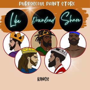 K&ouml;nnte beinhalten: Vier digitale Illustrationen von K&ouml;nigen mit Kronen, jede mit einer anderen Frisur und einem anderen Bart. Die Illustrationen sind in einem Kreis angeordnet, unter dem das Wort "KINGS" steht.
