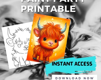 Highland Cow Canvas Printable: DIY Paint Party Template (PNG JPEG)