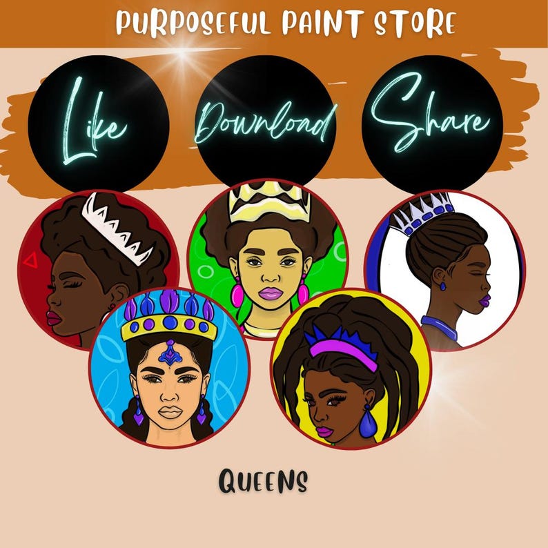 K&ouml;nnte beinhalten: Sechs bunte Illustrationen von Frauen mit Kronen, jede mit einer anderen Frisur und Hautfarbe. Die Illustrationen sind in einem Kreis angeordnet, mit dem Wort "Queens" am unteren Rand.