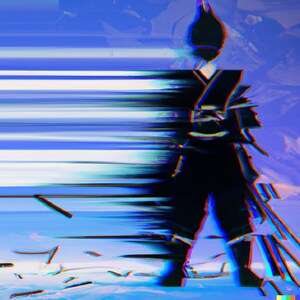 May include: A digital art illustration of a person in a black outfit with a pointed hat, standing in front of a blue and white background with a glitch effect.