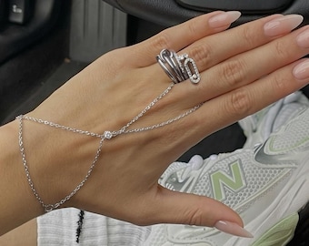 Silver Hand Chain Bracelet, Stainless Steel Jewelry, Minimal Adjustable Hand Jewelry, Waterproof Modern Chic
