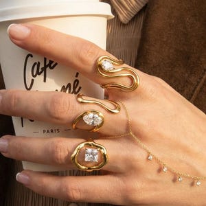 Parisian Chic Adjustable Gold Rings Waterproof Stainless Steel, Hypoallergenic, CZ Statement Ring, Free Size Fashion Jewelry, Gift for Her