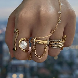 Adjustable S-Shape Gold Plated Sterling Silver Ring Hypoallergenic Waterproof CZ Statement Ring,Bridal Modern Minimalist Jewelry for Women