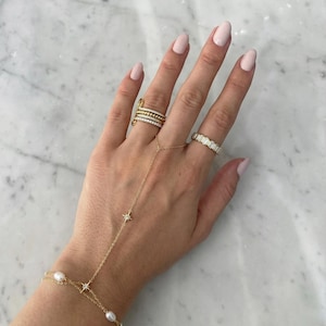 Gouden armband met handketting, sterren en parels, roestvrijstalen sieraad, Parijse chique statement handsieraad
